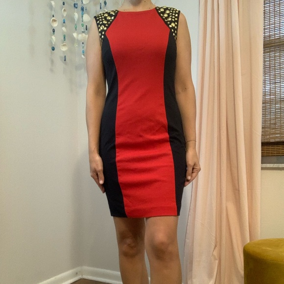 Michael Kors Dress black and red with gold studs and zipper. Size 0 worn once - Picture 2 of 10